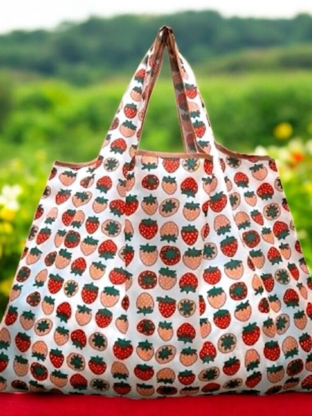 Strawberry Print Foldable Reusable Shopping Tote Large Nylon Grocery Bag